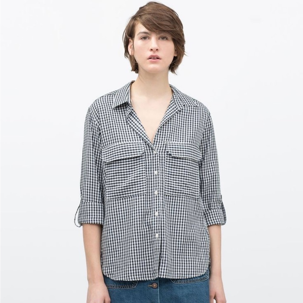 Zara Woman Navy Gingham Check Button-Up Shirt Size M‎